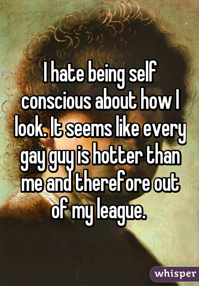 I hate being self conscious about how I look. It seems like every gay guy is hotter than me and therefore out of my league. 
