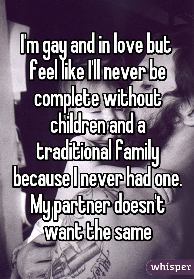 I'm gay and in love but  feel like I'll never be complete without children and a traditional family because I never had one. My partner doesn't want the same