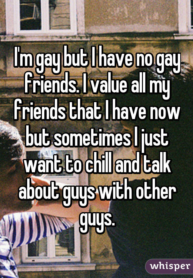 I'm gay but I have no gay friends. I value all my friends that I have now but sometimes I just want to chill and talk about guys with other guys.