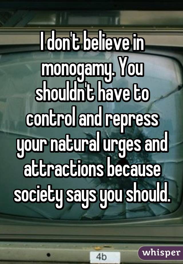 I don't believe in monogamy. You shouldn't have to control and repress your natural urges and attractions because society says you should. 