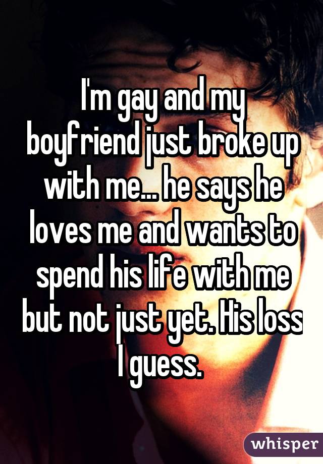 I'm gay and my boyfriend just broke up with me... he says he loves me and wants to spend his life with me but not just yet. His loss I guess. 