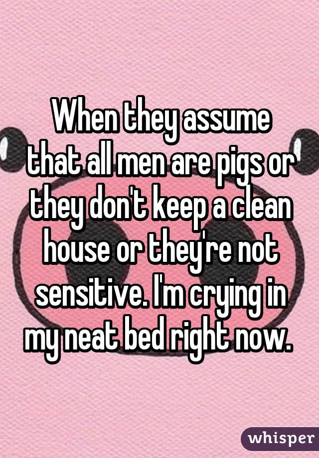 When they assume that all men are pigs or they don't keep a clean house or they're not sensitive. I'm crying in my neat bed right now. 