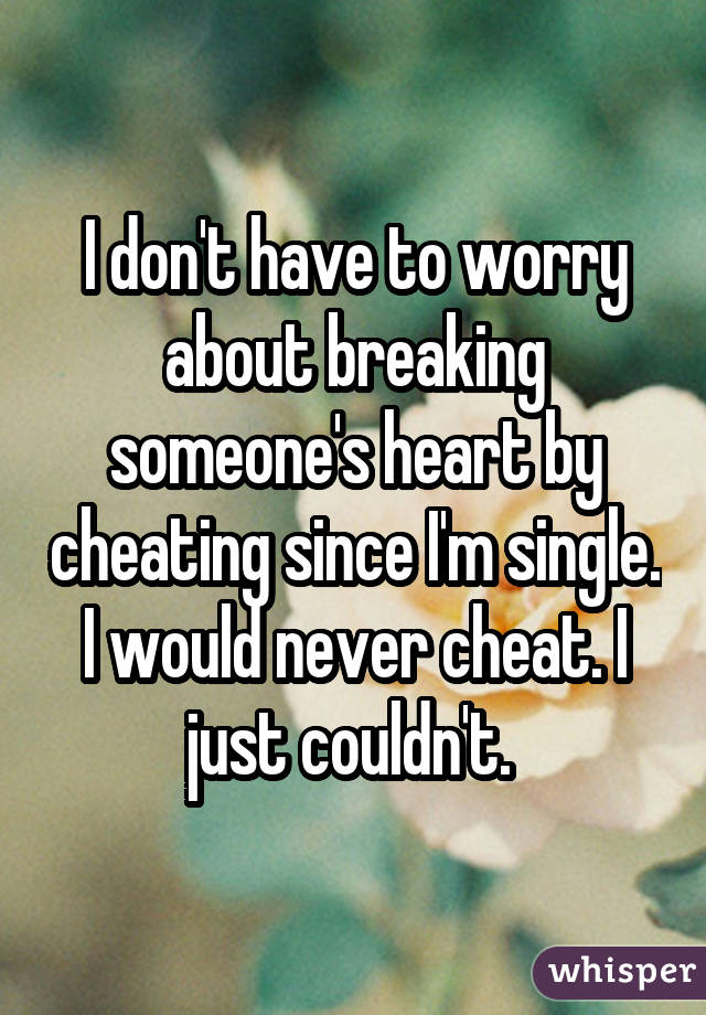 I don't have to worry about breaking someone's heart by cheating since I'm single. I would never cheat. I just couldn't. 