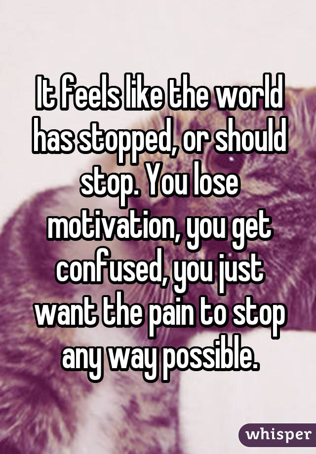 It feels like the world has stopped, or should stop. You lose motivation, you get confused, you just want the pain to stop any way possible.